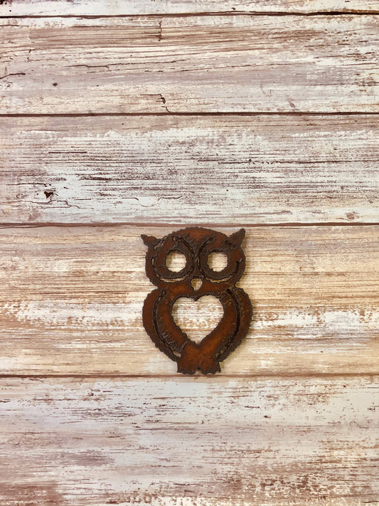 Owl with Heart Rustic Metal Magnet