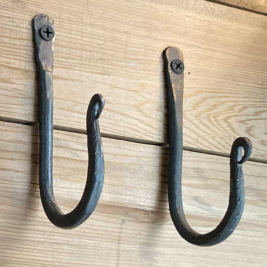Rustic Hammer Forged Iron Wall Hooks - 4 Inch - 3 Pack